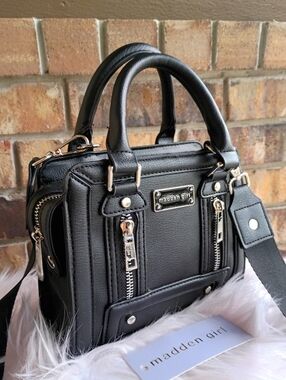 Madden Girl Black Moto Style Zipper Structured Top Handle Crossbody Bag/Satchel